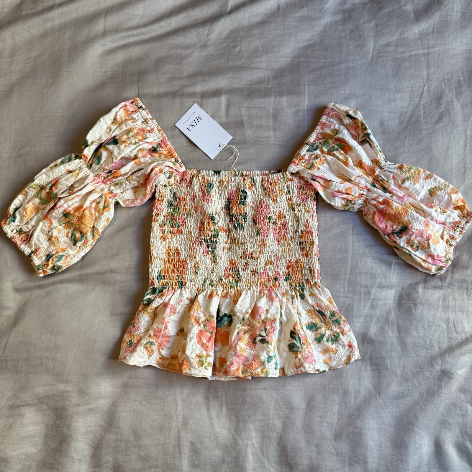 MISA Los Angeles Floral Smocked Ruffle Puff Sleeve Blouse Top XS Square Neck