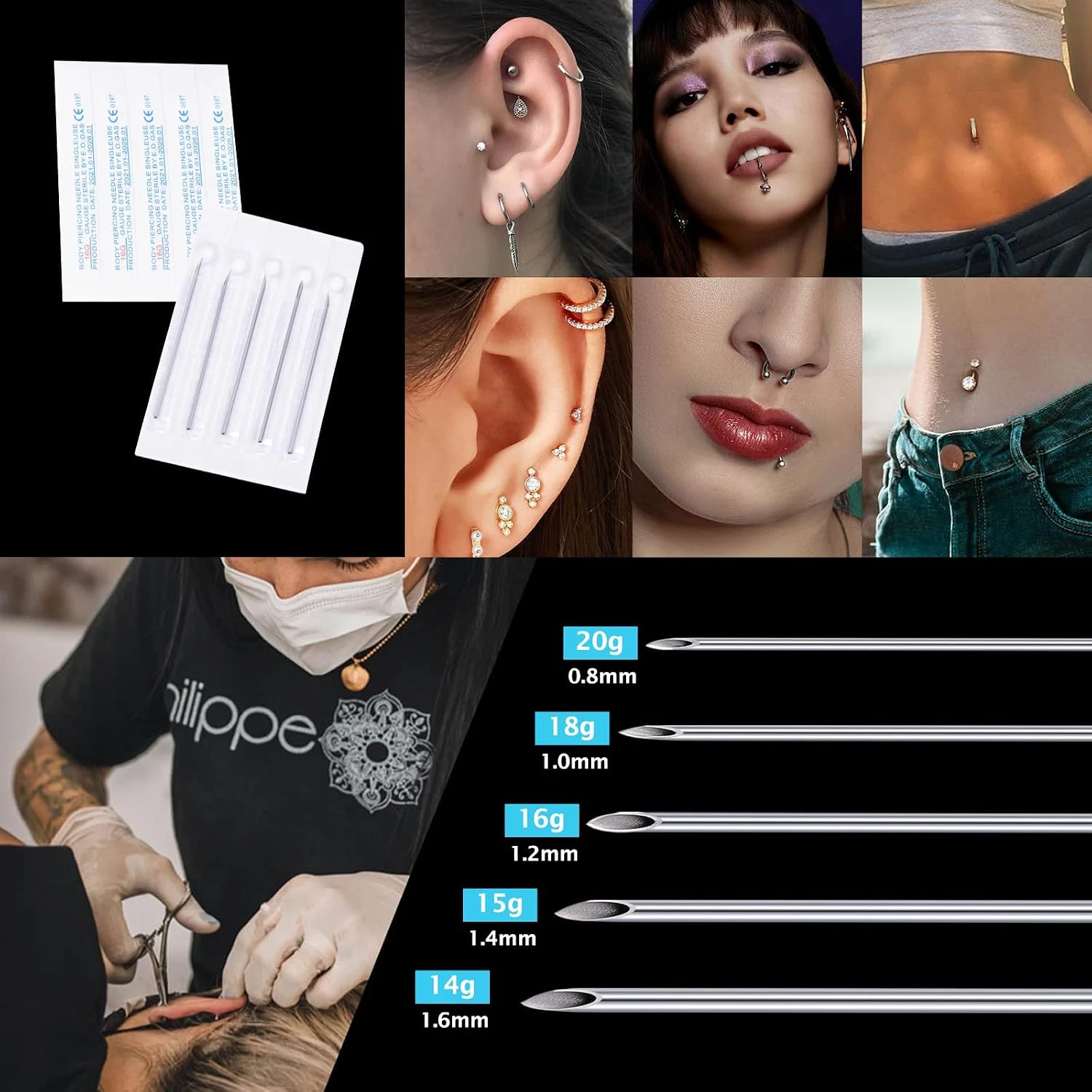 16G Body Piercing Needles,10Pcs  Sterile Disposable Stainless Steel Needles for image 5