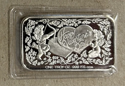 "HAPPY VALENTINE'S DAY" CCM CALIFORNIA CROWN 1 TROY OUNCE .999 FINE SILVER BAR