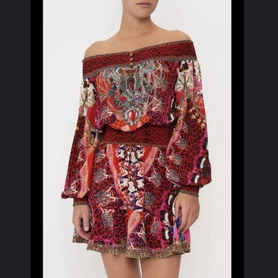 Camilla Off Shoulder Short Dress Artesania Mania Size M $699 Silk Flowy EUC