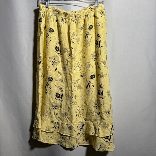 Vintage Yellow Linen Blend Floral Skirt Ruffle Hem Cottagecore USA Whimsigoth M