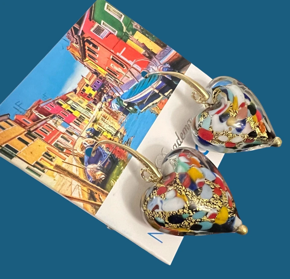 Pendientes Dyadema Italia Veneciano Cristal de Murano Chapado en Oro 18K Gota de Bronce Nuevos Foto 3 de 4