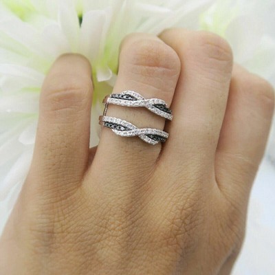 1 CT Lab Created Black & White 14K White Gold Over Wedding Enhancer Guard Ring