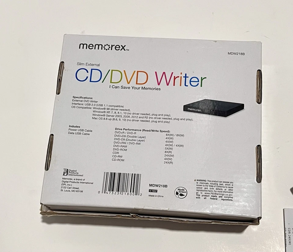 Устройство записи компакт-дисков/дисков Memorex MDW218B тонкое внешнее DVD 8X CDR 24X USB - Изображение 2 из 4