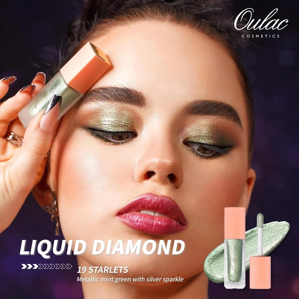 Ombretto Glitter Verde-Eyeliner Liquido Metallico Con Riflessi Brillanti,Sfumabi - Immagine 2 di 4