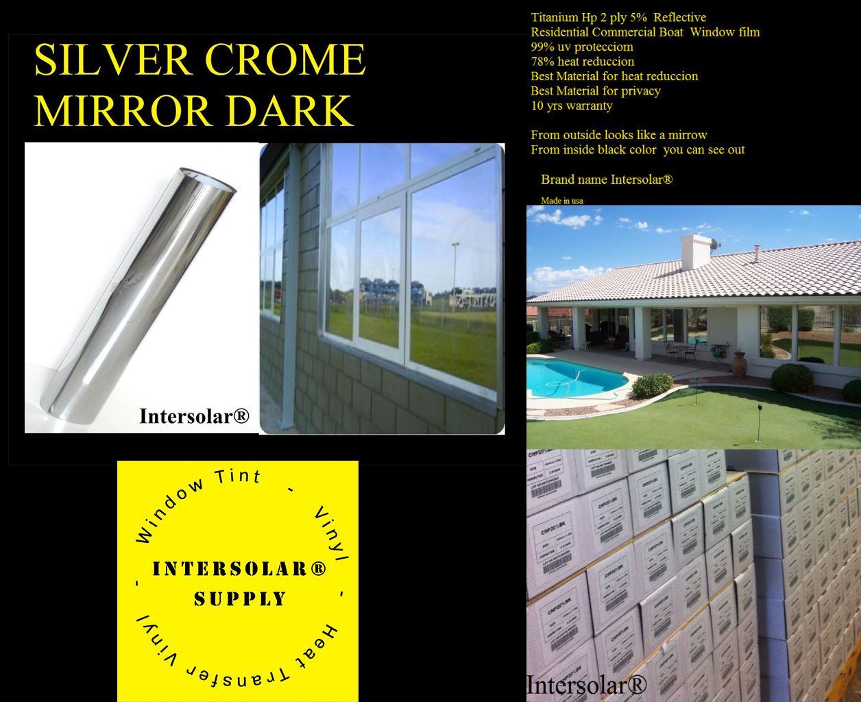 Intersolar Silver Chrome Mirror Window Tint | 24” X 10’ Roll | 2-Ply High Performance | HP Dark