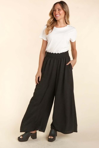 Black Elastic Waist Wide Leg Pants with Pockets - Picture 5 of 5