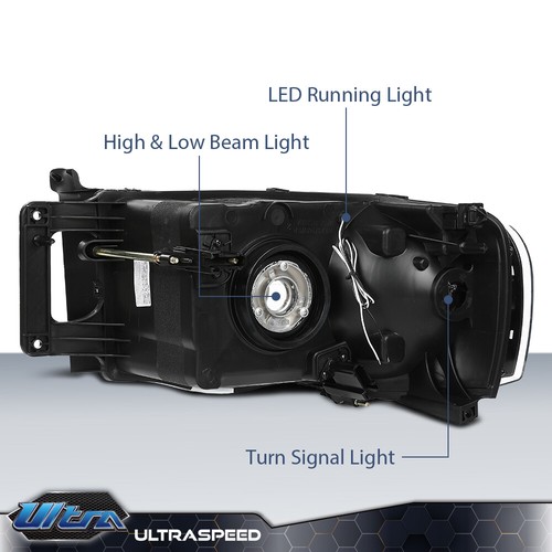 Clear Lens Black LED DRL Headlights Fit For 02-05 Dodge Ram 1500 2500 3500 - Picture 9 of 12