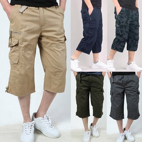 Men's Casual Cotton Cargo Shorts Outdoor Hiking 3/4 Length Below Knee Pants