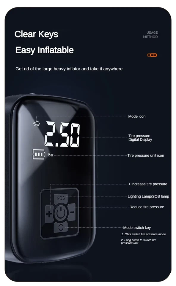 Bomba infladora de neumáticos de coche eléctrica digital portátil compresor de aire 150 PSI Foto 3 de 3