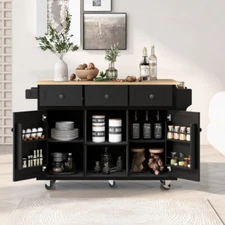 Kitchen Cart with Rubber Wood Drop-Leaf Countertop, Internal Storage Racks