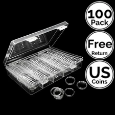 100 Pk Coin Capsule Holder w/Case 4 US Dime Nickel Quarter Half Small Dollar etc