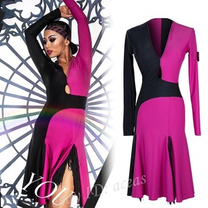 Womens Floral Slit Latin Dance Dresses Rumba Samba Cha Cha Paso Double Ballroom