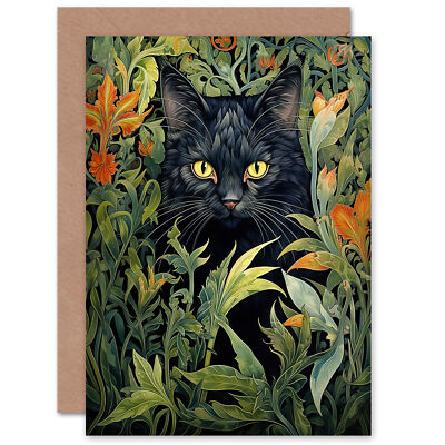 Schwarze Katze versteckt sich im Blumenbeet William Morris Stil leere Grußkarte