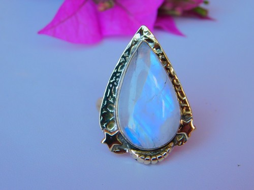 Moonstone Brass Statement Ring Handmade Antique Inspired Tribal Boho Jewelry - Picture 5 of 10