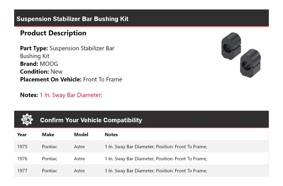 Kit de buje de barra estabilizadora de suspensión para Pontiac Astre 1975-1977 MOOG 1975 1976 Foto 2 de 4