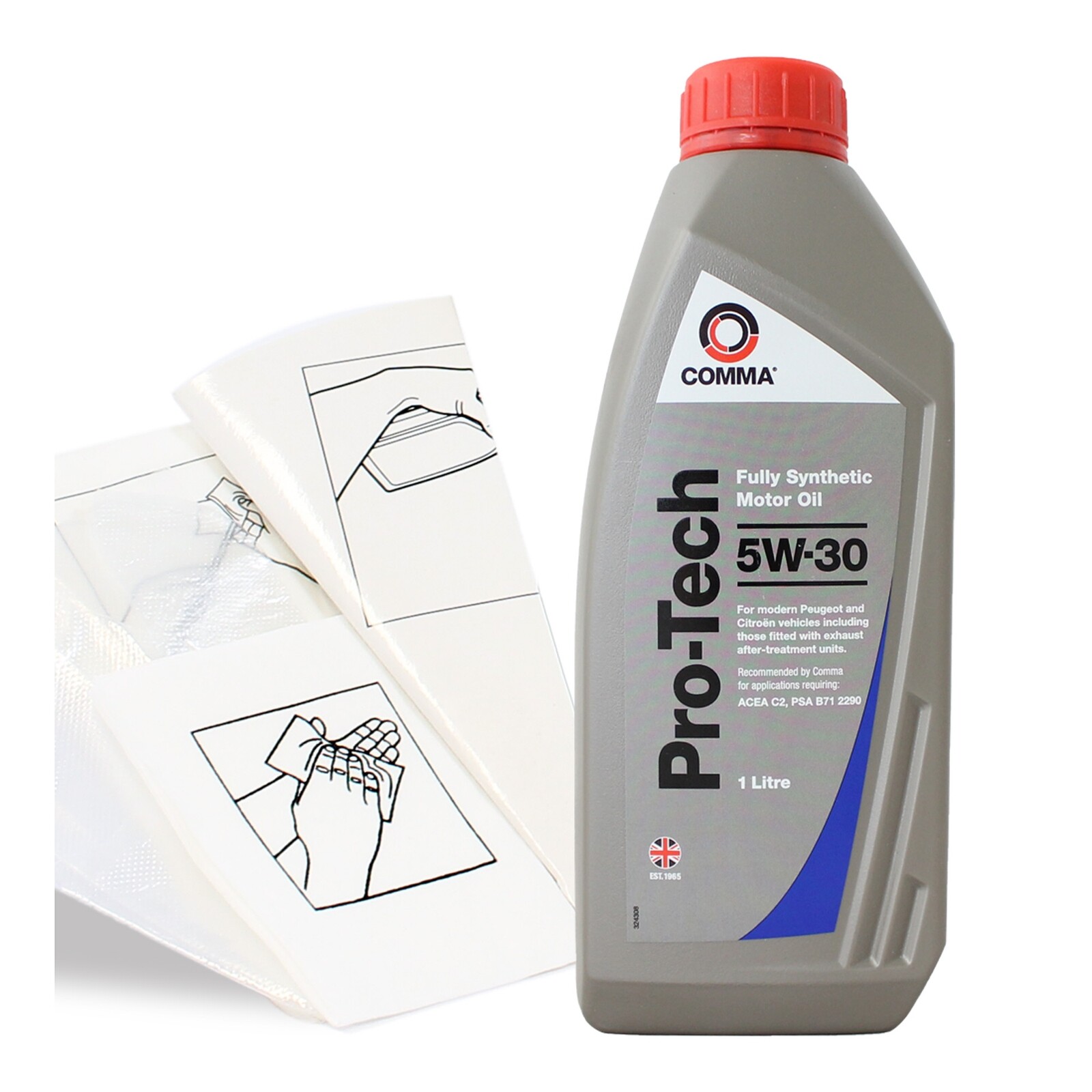 Engine Oil Top Up Comma Pro-Tech 5w-30 1 LITRE 1L plus Gloves Wipes and ...