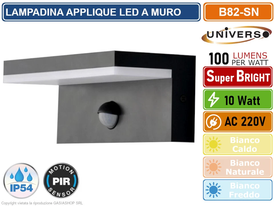 APPLIQUE LAMPADA LED DA MURO 10W WALL LIGHT SMD DA ESTERNO IP54 CON SENSORE PIR - Immagine 4 di 4