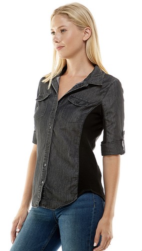 Women Junior shirt top Denim Cotton Blend button down stretch Ci Soon TP168 - Picture 11 of 12