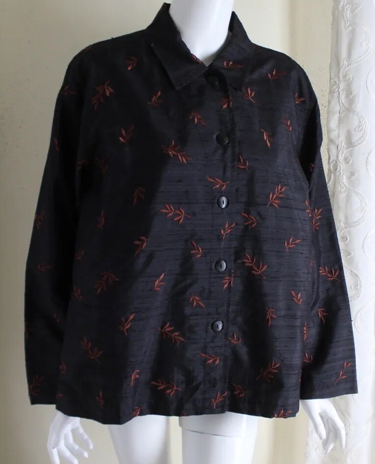 Chico's Talla 2 L Negro Dupioni Seda Art-To-Wear Flores Bordadas Chaqueta Blazer