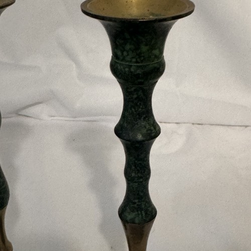 Pair 6" Brass Verdigris Candle Holders Two Tone Unmatched Vintage EUC - Picture 7 of 9