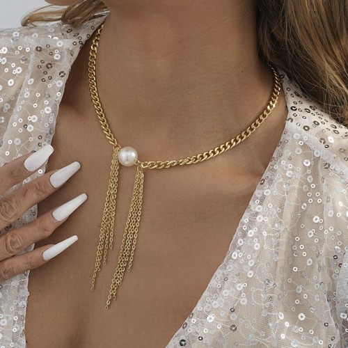 Pearl Chain Necklace White Pendant Gold Link Choker Chandelier Tassel Necklace - Picture 7 of 10