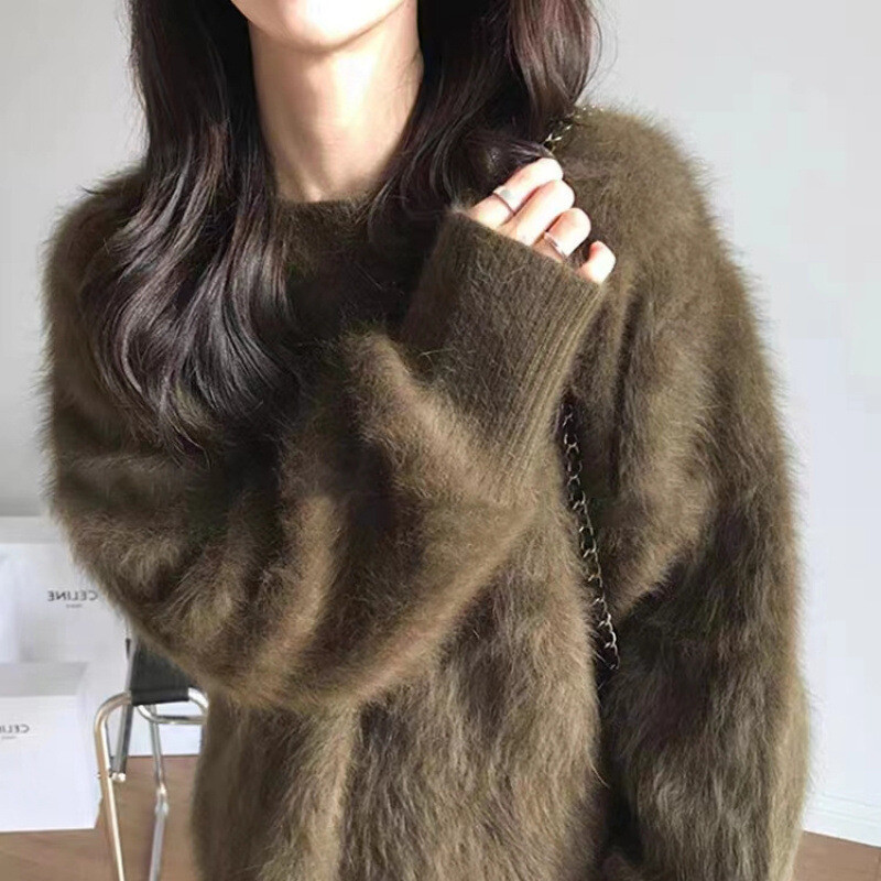 Women's Faux Mink Fur Sweater Round Neck Knitting Pullover