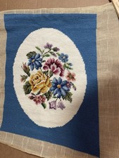Vintage Handmade Needlepoint Floral Design Blue/Ivory Background, Wool, Unframed