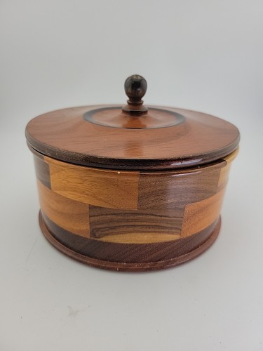 Vintage Hand Turned Round Inlaid Wood Trinket Box Container w/Lid 6.5" - Picture 4 of 8