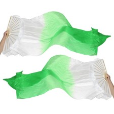 1 Pair 16 Fan Folding Belly Dance Silk Fan Veil 59", White Green