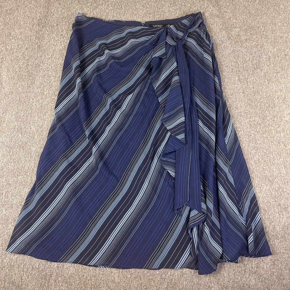 Falda midi para mujer Lauren Ralph Lauren azul a rayas con volantes talla 16 Foto 2 de 4