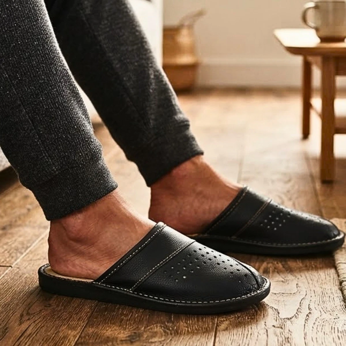 Herren Büffelleder Hausschuhe Schwarz Pantoffeln Latschen Gummisohle Gr. 41-47