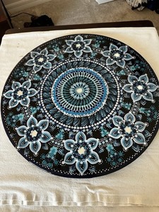 Hand Painted Mandala Floral Decorative wood Round Black Blue . Epoxy finish 