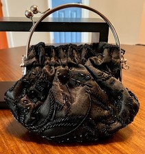 Black Satin Evening Bag Silver Round Metal Handle Long Chain Intricate Beadwork