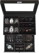 Boîte Bijoux Homme Rangement Montres Lunettes Couvercle Verre Serrure 6 Amzdeal