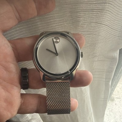Movado Bold Quartz Silver Mesh Wristwatch Analog Sunburst Dial Stainless Steel