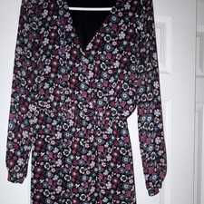 Express Black Pink Floral A-Line Dress V-Neck Long Sleeve Knee Length S