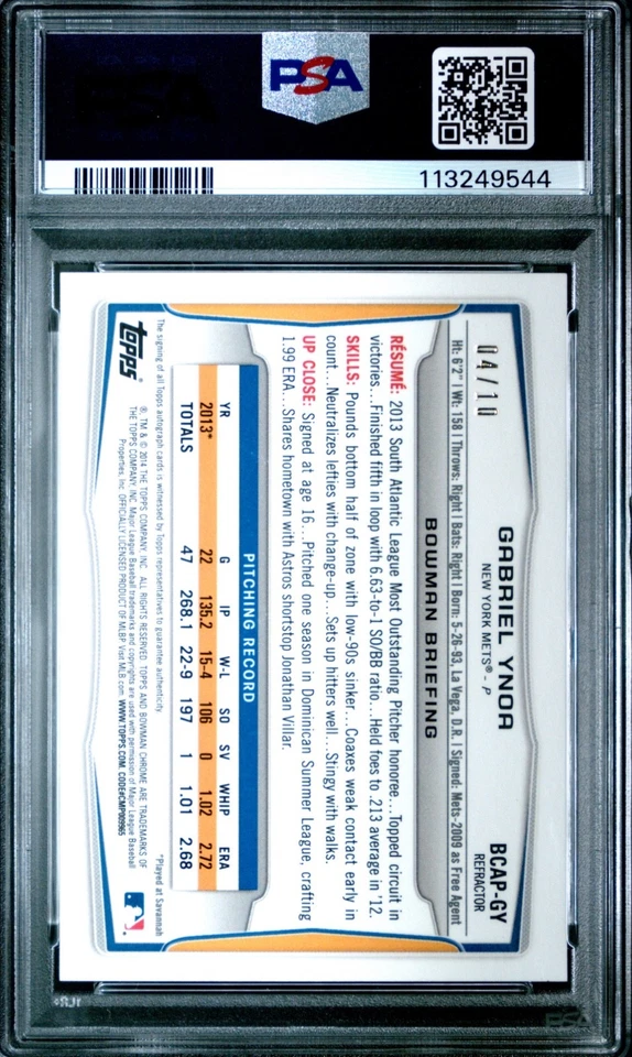 GABRIEL YNOA 2014 Bowman Chrome Autograph Purple Refractor 04/10 PSA 10 Gem Mint - Image 2 of 3