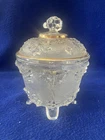 Vintage Jeanette Glass Footed Clear Grape and Vine Candy Dish w/ Gold Trim