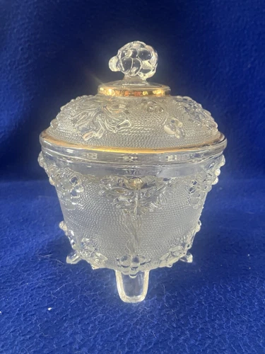 Vintage Jeanette Glass Footed Clear Grape and Vine Candy Dish w/ Gold Trim