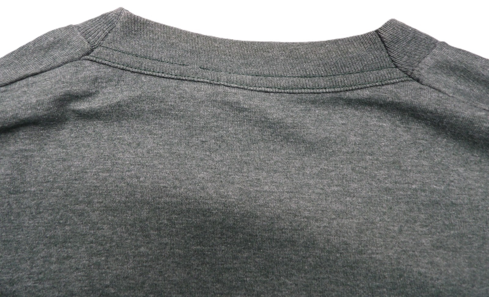 Gray VTG men’s shirt XLT with tall 80s pocket and single stitch detail on collar, shown from the back on a white surface.