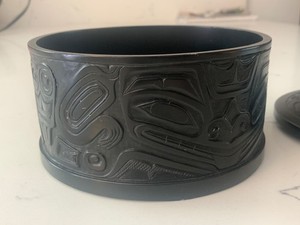 Vintage Black Pearlite Jewelry Trinket Box First Nations Carvings Canada