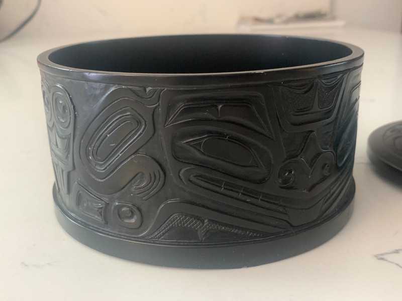 Vintage Black Pearlite Jewelry Trinket Box First Nations Carvings Canada