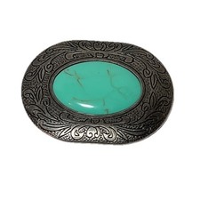 Southwest design silver belt buckle turquoise colored stone 3.75  X 2.75  