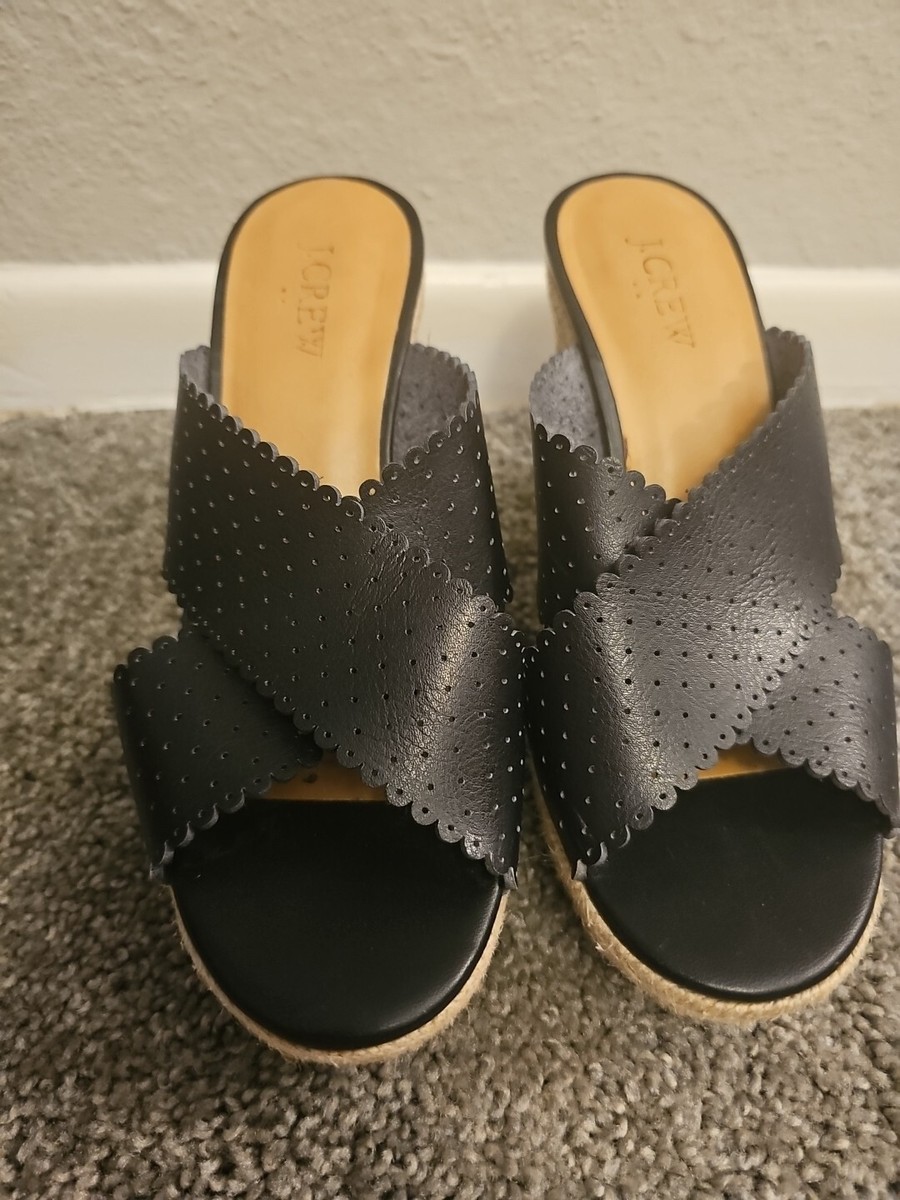 J Crew Factory M Black Perforated Espadrille Wedge Sandal Shoes