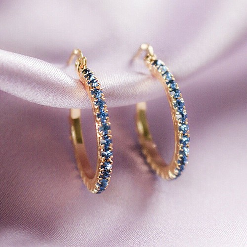 2Ct Round Lab-created Blue Diamond Huggie Hoop Earrings 14K Yellow Gold Plated - Picture 2 of 3