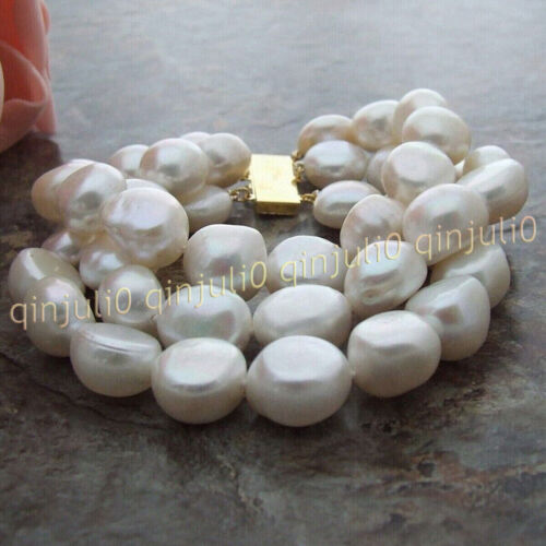 3 Rows Natural Akoya Feashwater White Baroque Pearl Bangle Bracelet 8'' 7-14mm - Picture 5 of 13