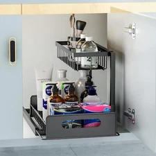 2 Tier Under Sink Organizer and Storage Slide Out Carbon Steel Rack