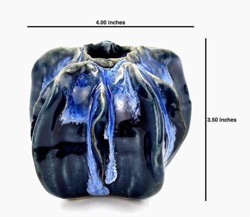 Pottery Vase Cobalt Blue Glaze Luffa Small 3.5 x 4 inch Nautical Coastal Decor - Picture 3 of 6