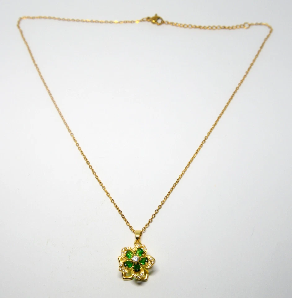 giratorio / giratorio! Collar Colgante Flor de la Suerte Verde Lleno Oro 14k Damas Foto 2 de 4